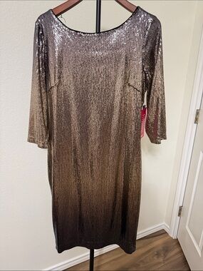 Tahari Gold Bronze Ombré Sequin Long Sleeve Shift Dress